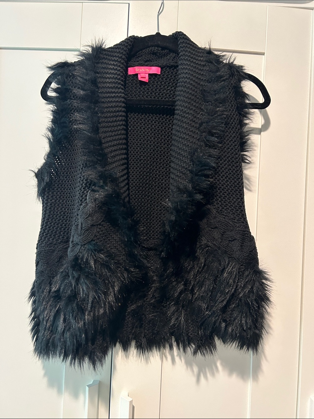 Lilly Pulitzer Black Faux Fur Trim Knit Vest